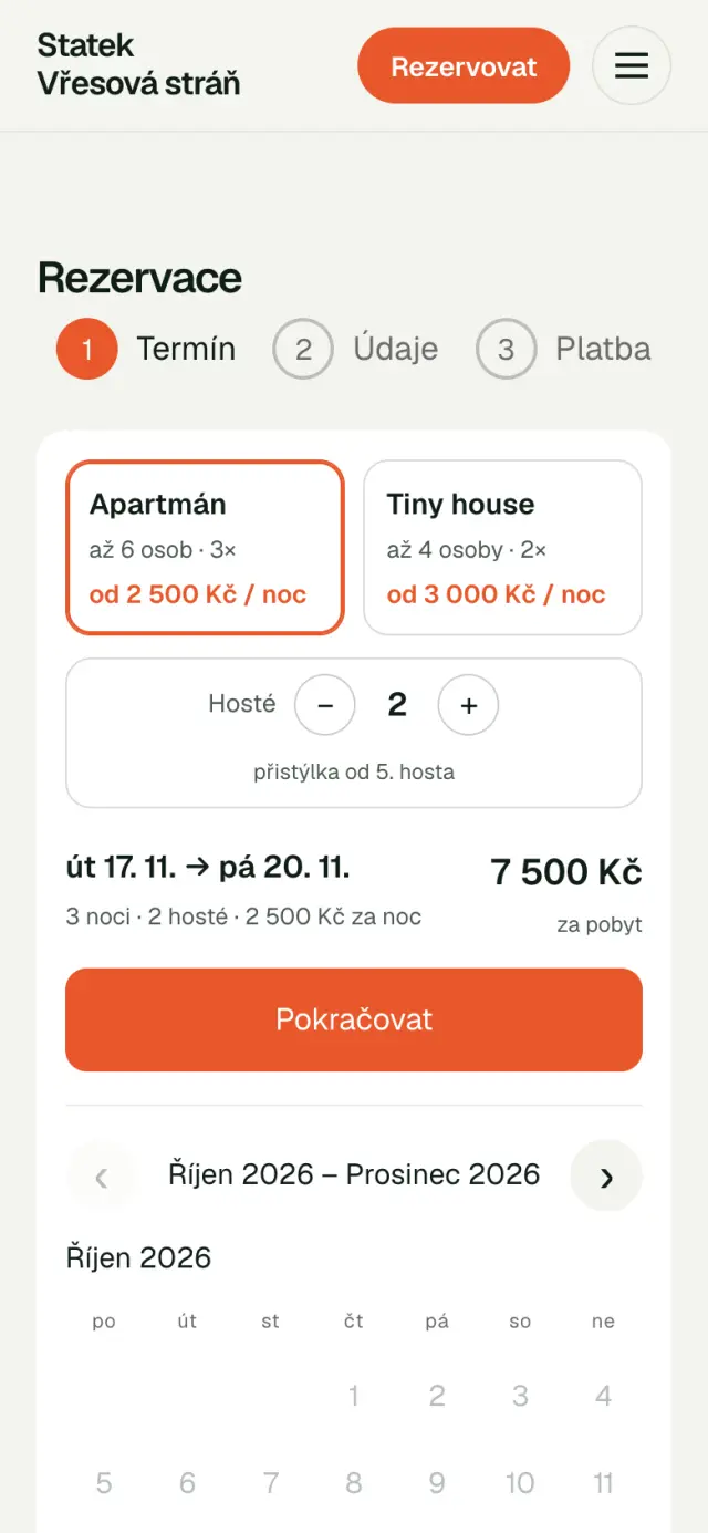 Rezervace na telefonu: vybraný apartmán, termín a cena za pobyt
