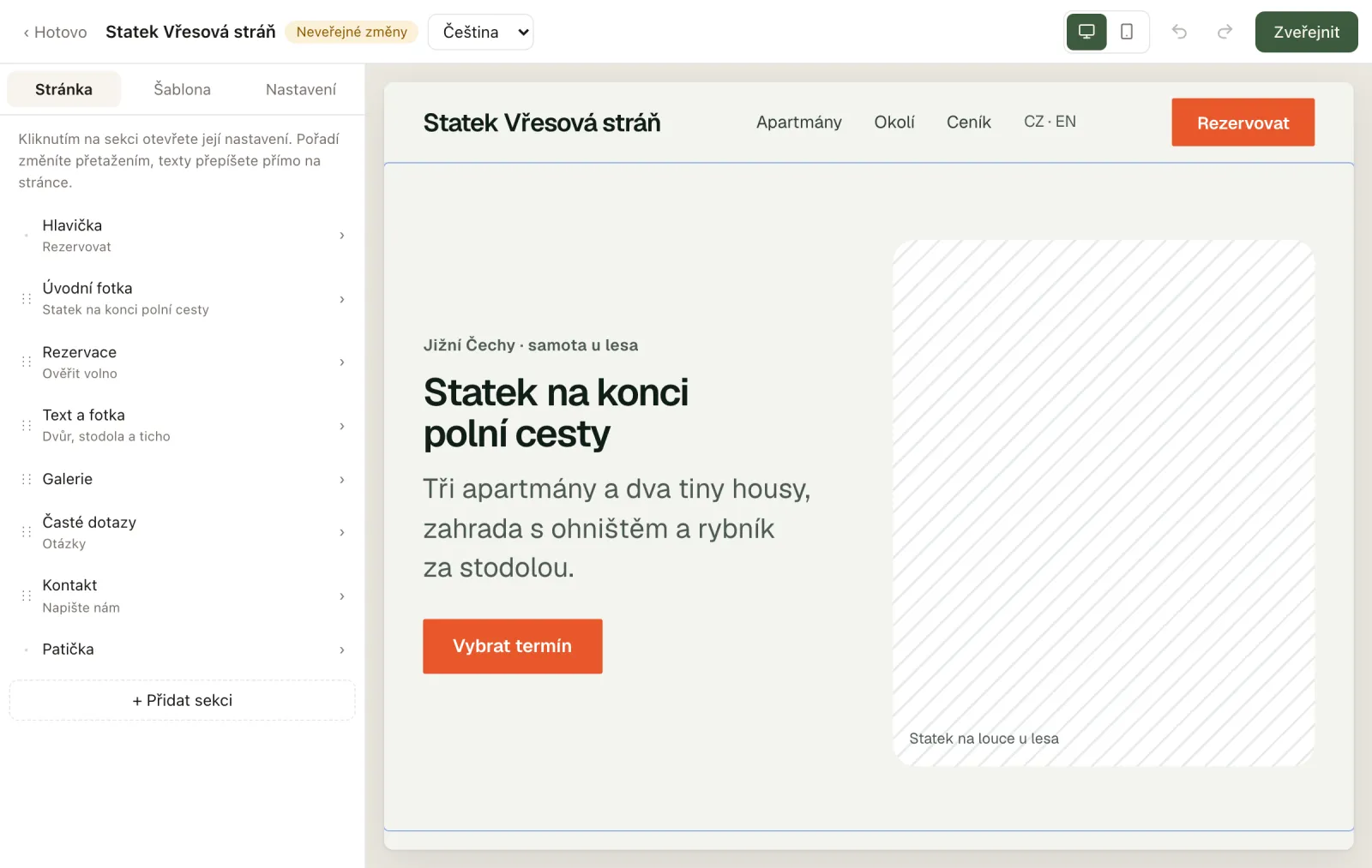 Editor webu v administraci Quiet Life: vlevo sekce stránky, vpravo náhled webu Podhájí