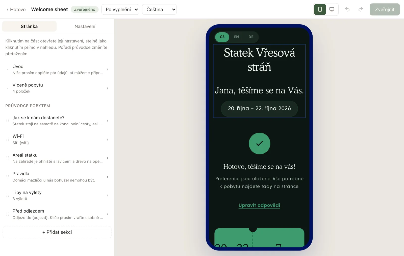 Editor welcome sheetu: sekce průvodce pobytem a náhled na telefonu