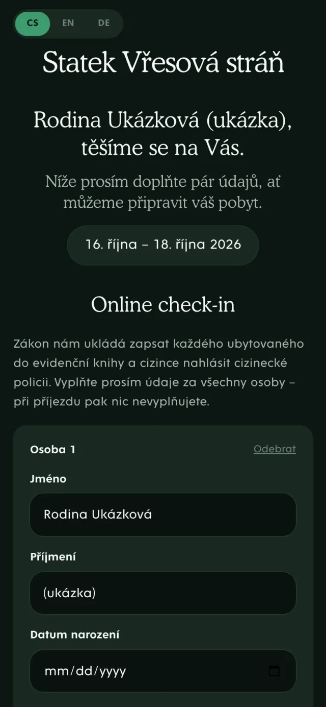 Stránka hosta na telefonu: pozdrav, termín pobytu a online check-in