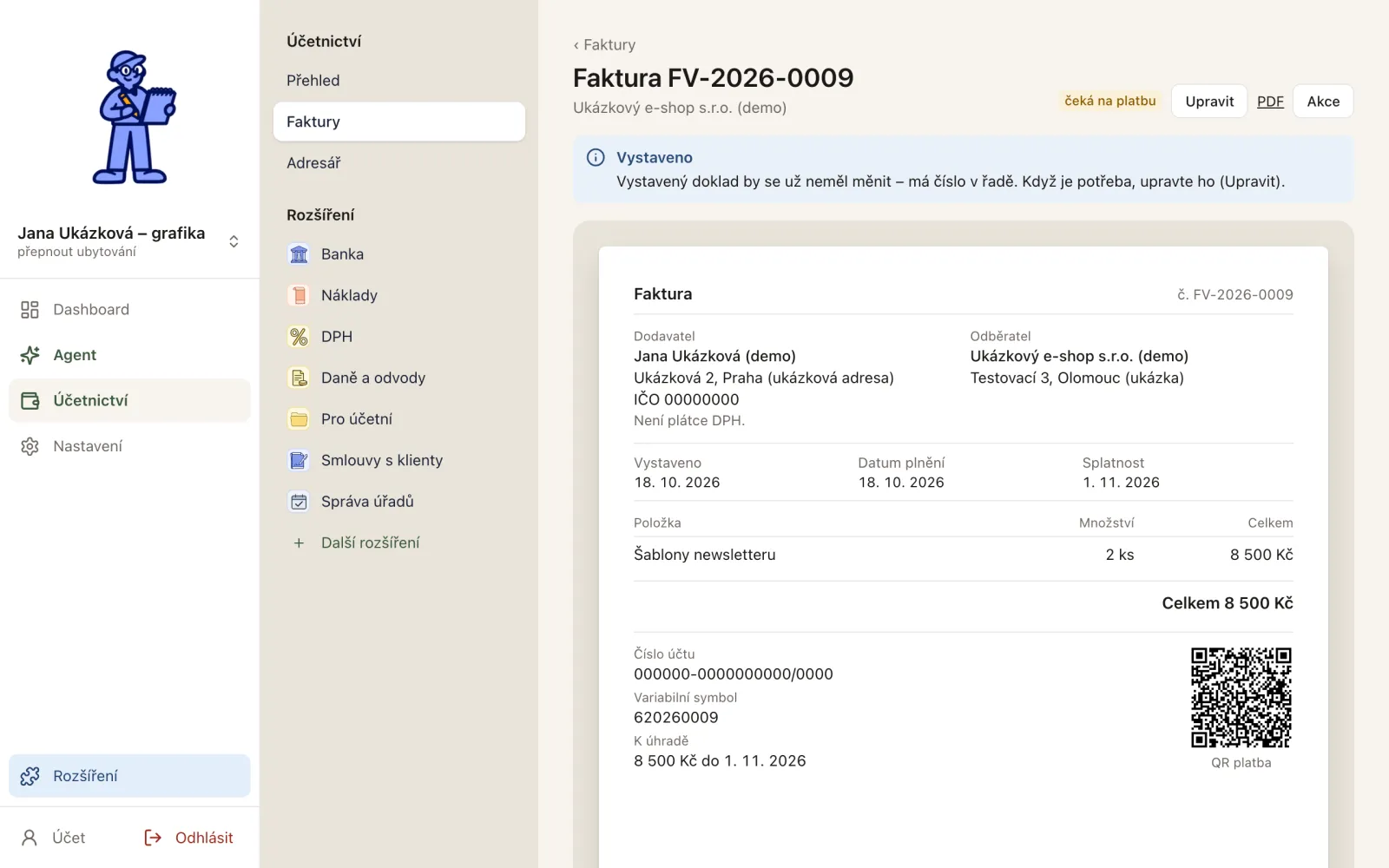 Vystavená faktura čekající na platbu s QR kódem k platbě